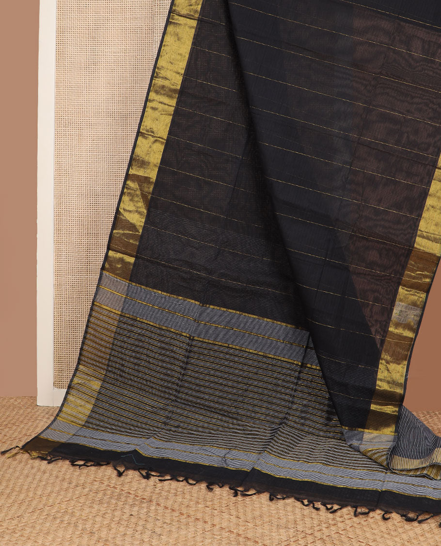 Black striped jute cotton saree, gleaming zari border & striped pallu