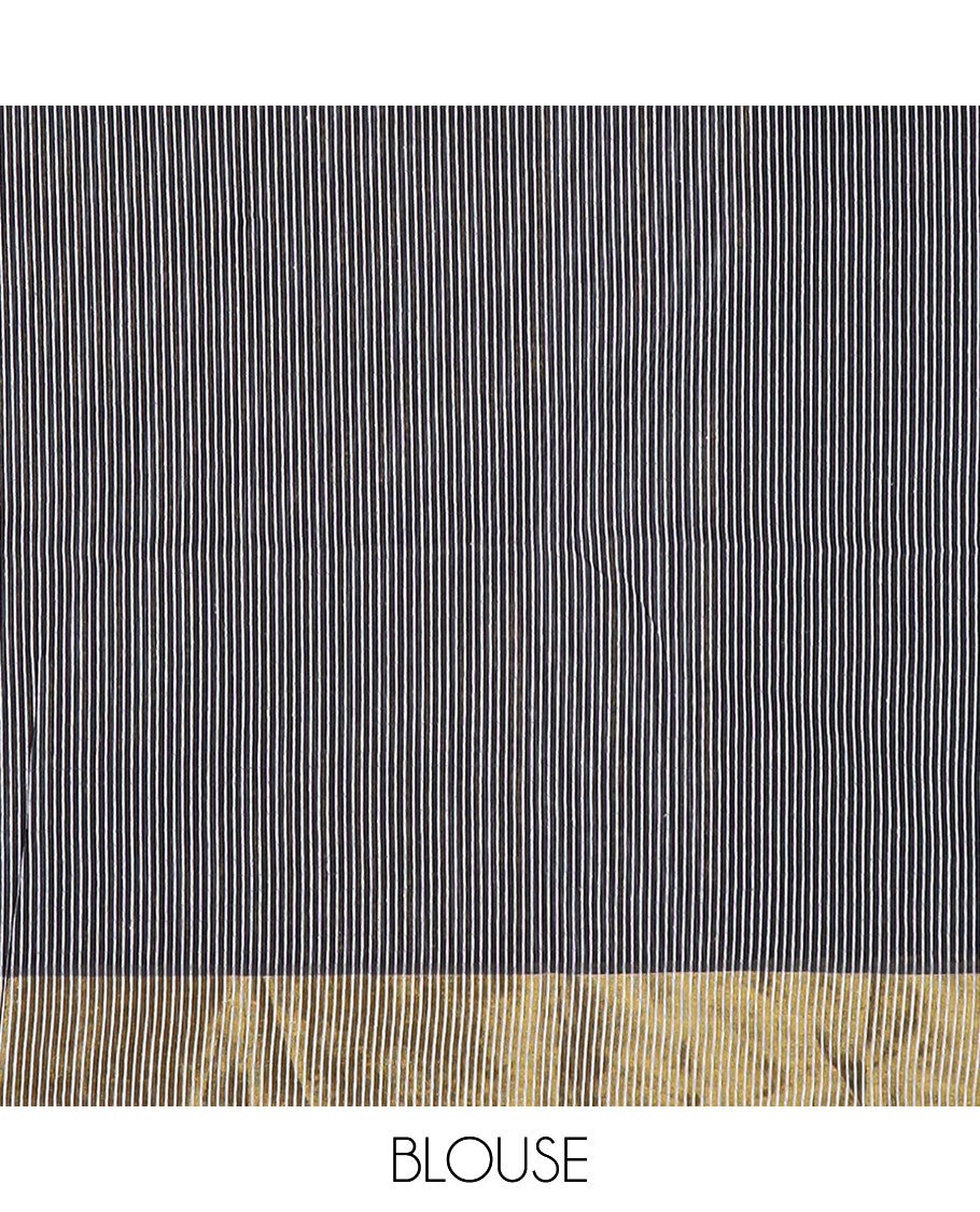 Black striped jute cotton saree, gleaming zari border & striped pallu