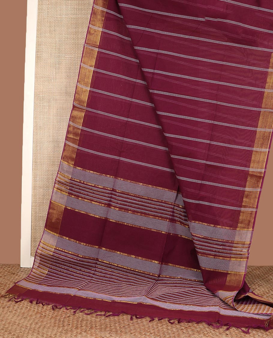 Maroon striped jute cotton saree, zari self-border, and striped pallu