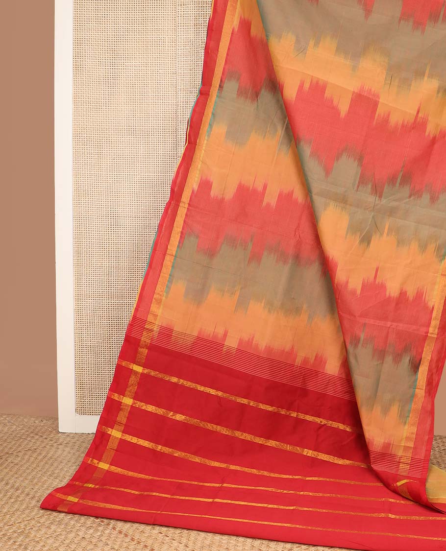 Multi-color ikkat design poly cotton saree, zari border, and zari striped pallu