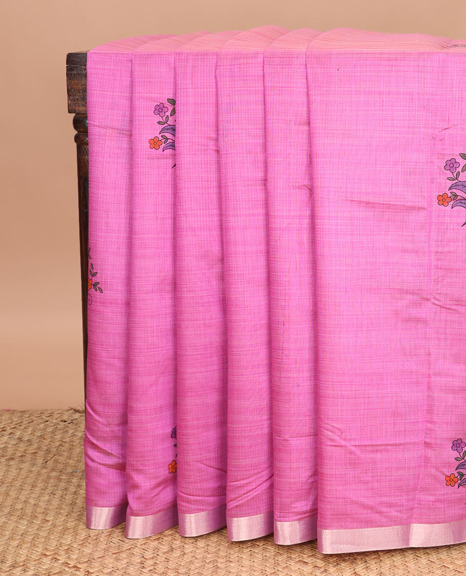 Pink floral buttas printed chirala cotton saree, bavanji border, and contrast musical motifs print pallu