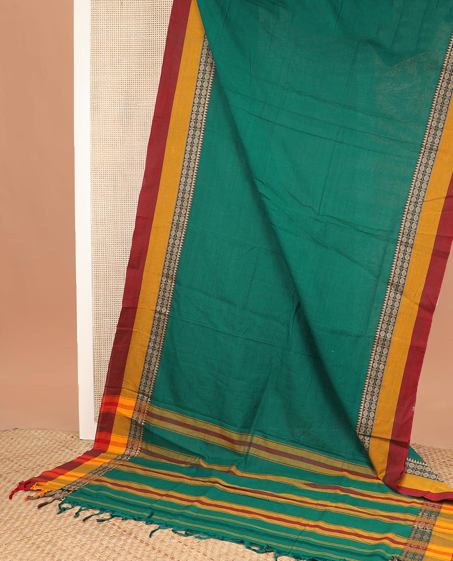 Green plain Narayanapet cotton saree, contrast rudraksham and temple motifs thread woven border, and striped pallu