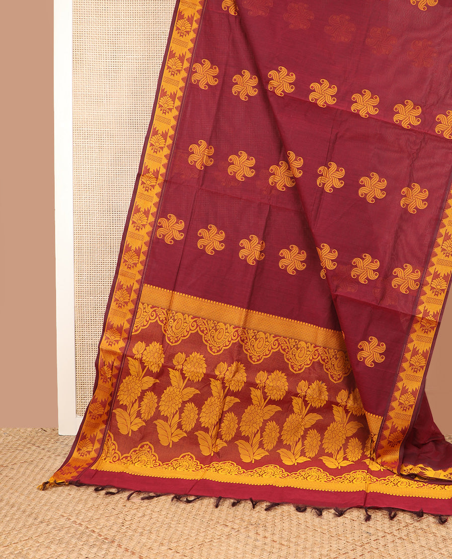 Maroon floral buttas Coimbatore Cotton saree, traditional border, and pallu of floral designs