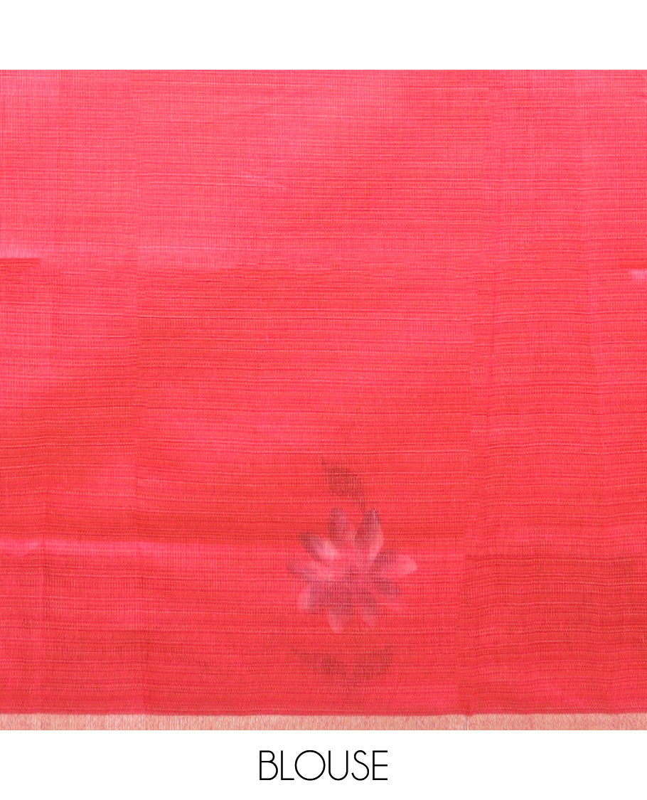 Orange hand brush painting style floral printed chirala cotton saree, plain border, and contrast floral printed pallu