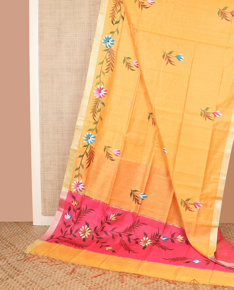 Orange hand brush painting style floral printed chirala cotton saree, plain border, and contrast floral printed pallu
