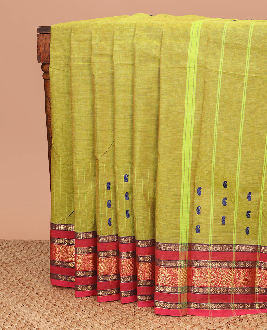 Green striped and paisley buttas Chettinad cotton saree, contrast traditional zari design steeped border, and striped pallu