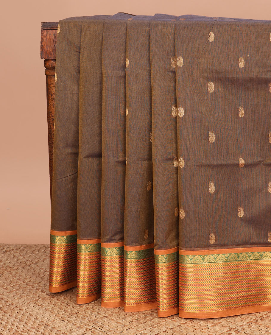 Brown paisley buttas Venkatagiri cotton saree, contrast traditional zari design border, and zari striped pallu
