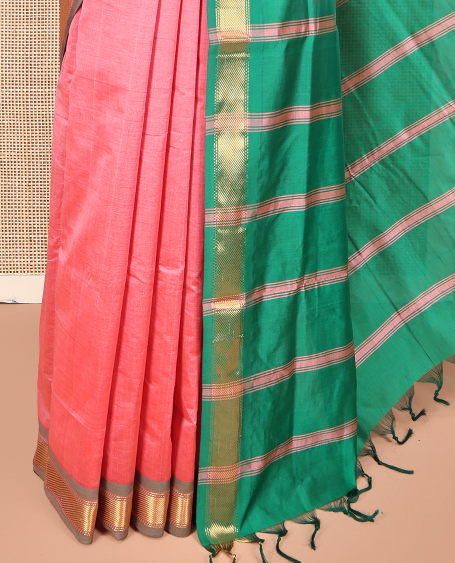 Pink Plain Poly Cotton Saree, Complemented by Contrast Zari Border, Contrast Striped Pallu, and Paired with a Contrast Blouse