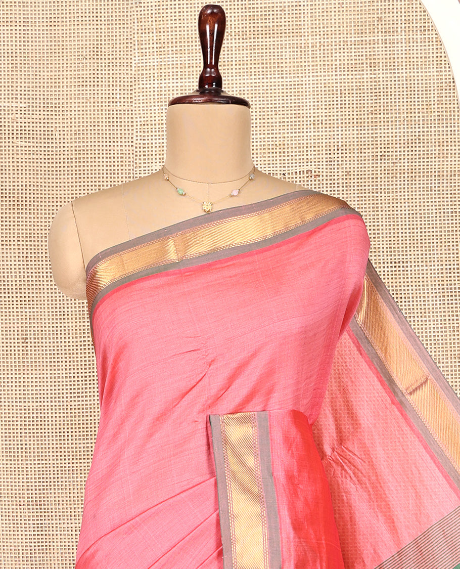 Pink Plain Poly Cotton Saree, Complemented by Contrast Zari Border, Contrast Striped Pallu, and Paired with a Contrast Blouse