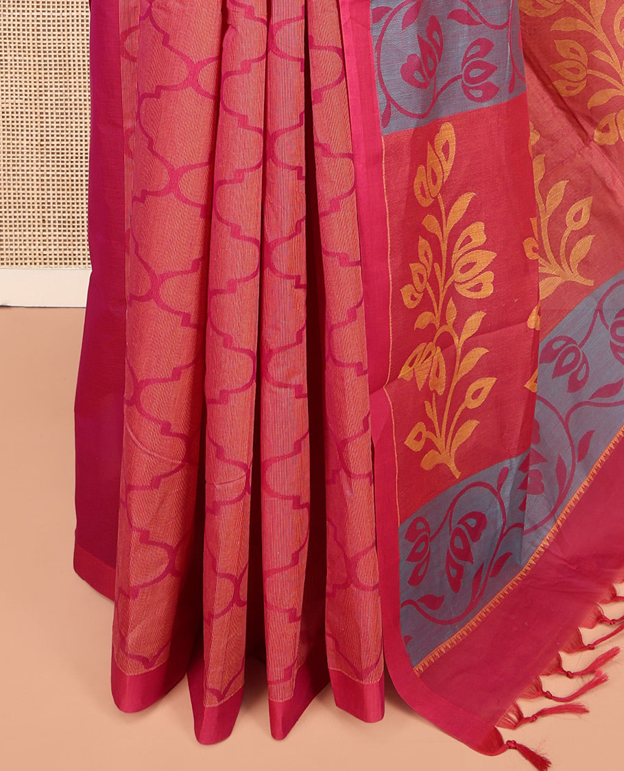 Pink Coimbatore Cotton Saree, Detailed with Ogee Design on Its Body, a Subtle Plain Border, Pallu of Floral Patterns, and Paired with Matching Blouse