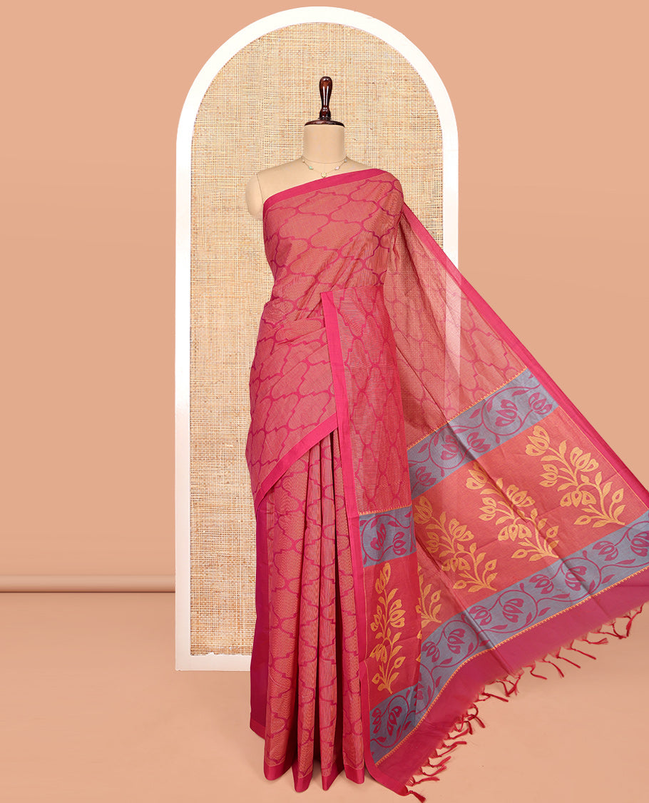 Pink Coimbatore Cotton Saree, Detailed with Ogee Design on Its Body, a Subtle Plain Border, Pallu of Floral Patterns, and Paired with Matching Blouse