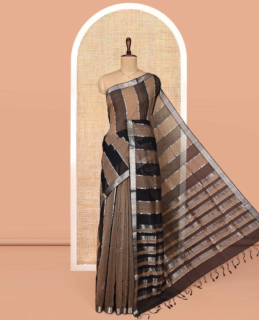 Black Mangalgiri Cotton Saree, Gleamed Up with Stripes on Its Body, Highlighted by Zari Temple Border, Zari-Striped Pallu, and Paired with a Contrast Blouse