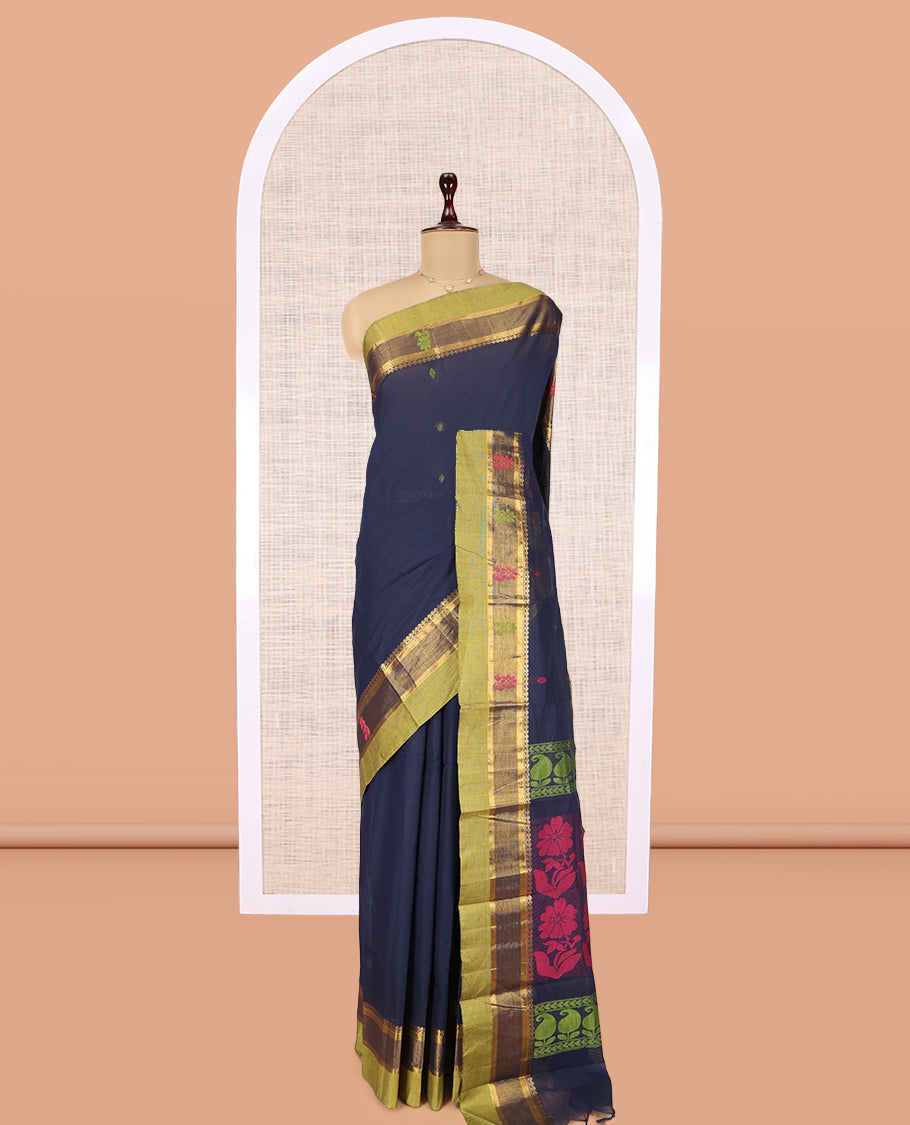 Navy Blue Plain Kanchi Cotton Saree