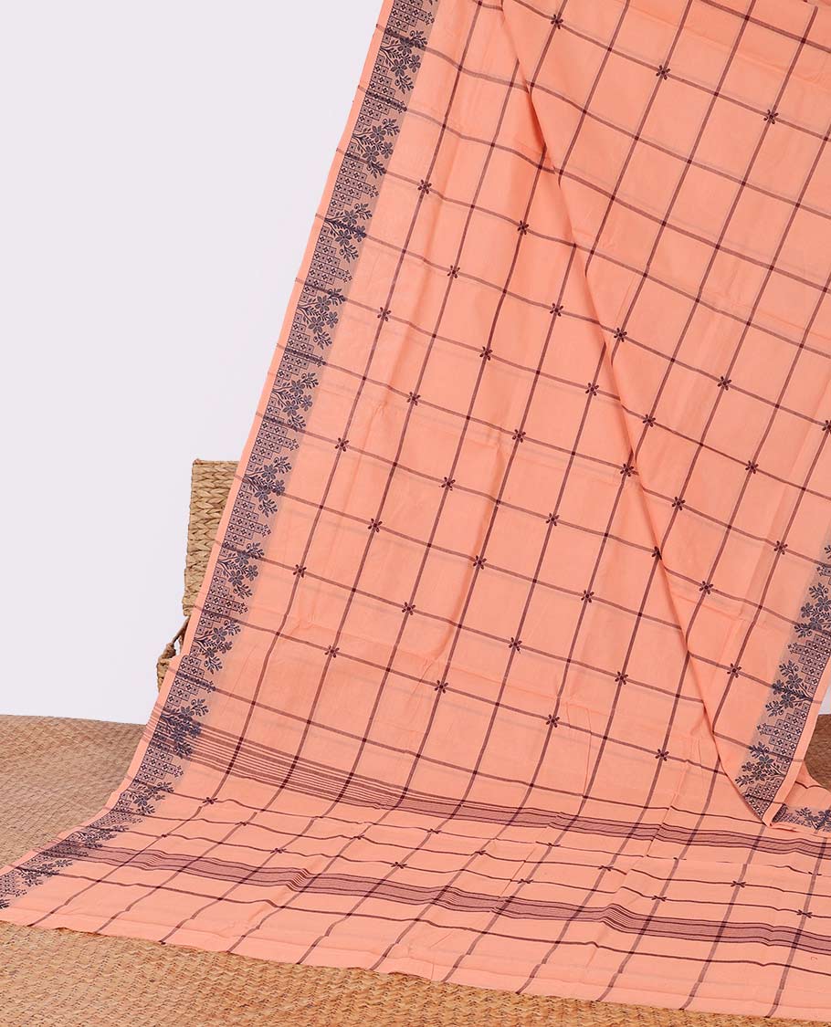 Peach checked Chettinad Cotton saree, unique design border