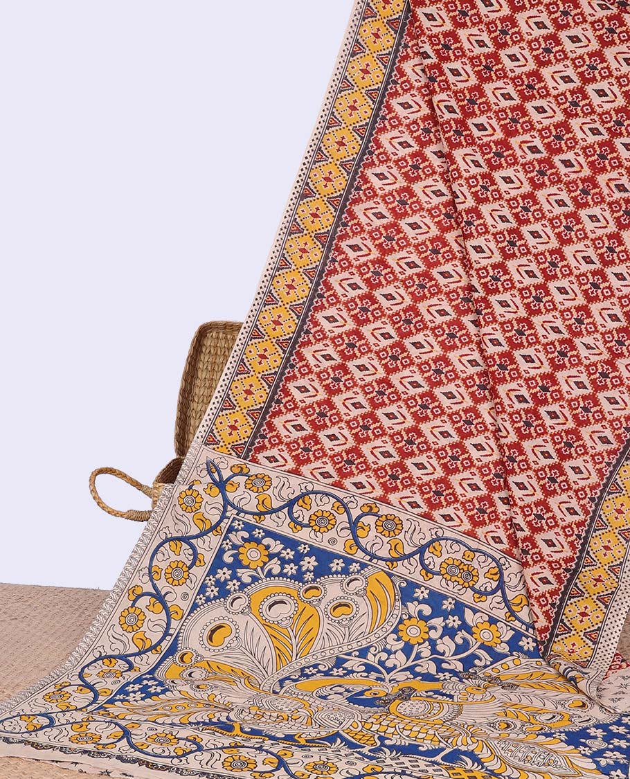 Red & cream argyle design machine-printed kalamkari cotton saree with contrast geometric border & peacock design pallu