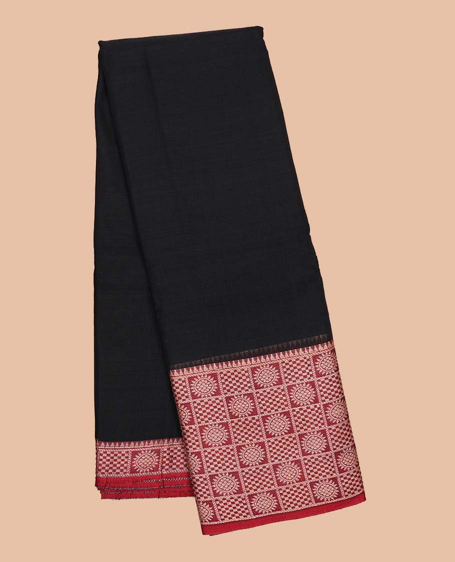 Black plain Narayanapet cotton saree, contrast chakram and bentex design border & striped pallu