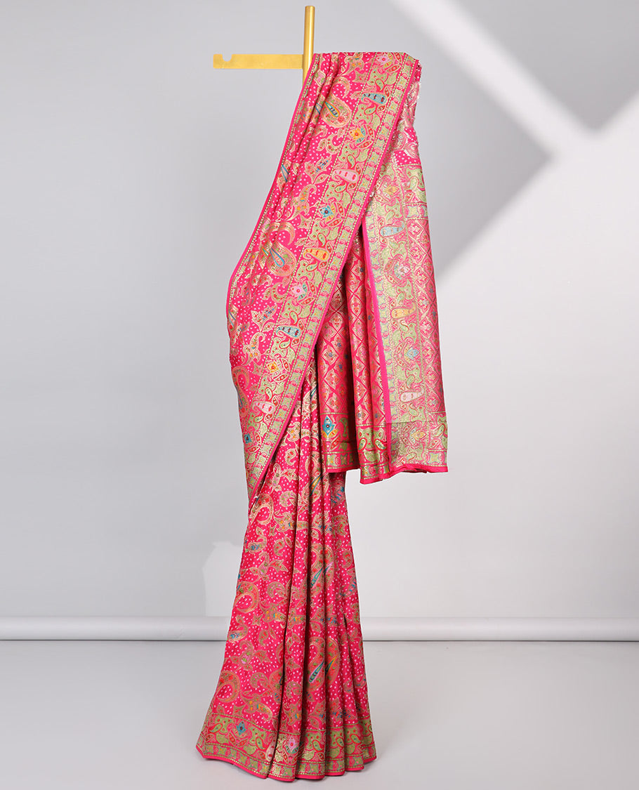 Pink paisley motifs semi-banaras dola silksaree with self paisley motifs border & pallu of argyle pattern