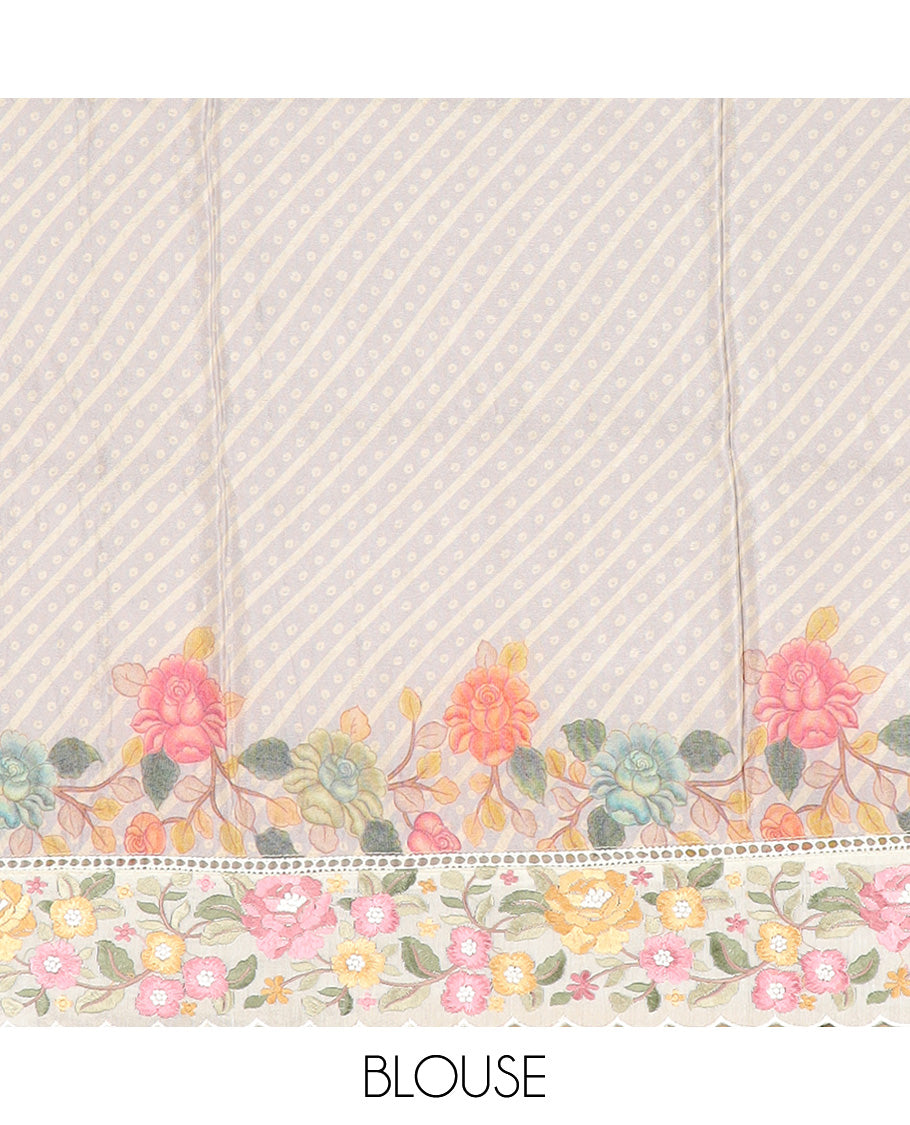 Grey buttas with bandhani and floral printed dola silk saree, contrast floral embroidered scallop border