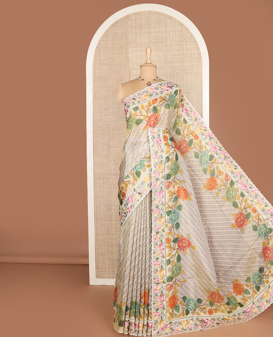 Grey buttas with bandhani and floral printed dola silk saree, contrast floral embroidered scallop border