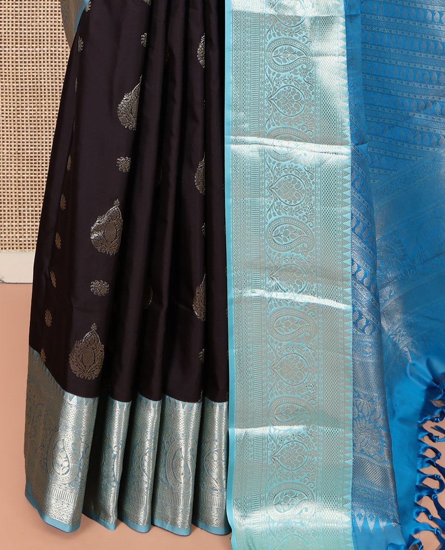Black and Light Blue Budget Silk Saree, Ornamented with Zari Buttas on Its Body, Complemented by a Contrast Traditional Zari Design Border of Paisleys, Pallu Steeped with Paisley Designs, and Paired with a Contrast Blouse