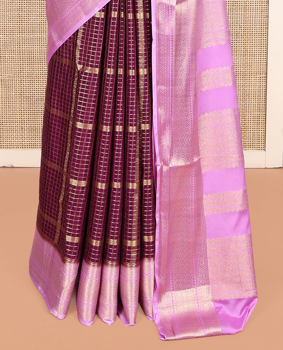 Dark Purple Checked Mysore Silk Saree, Contrast Zari Border, Grand Pallu, Contrast Blouse