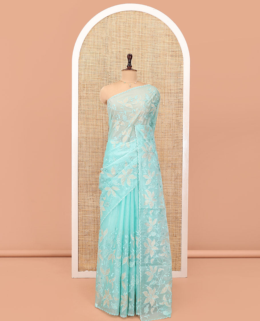 Sea Green Organza Saree, Finely Crafted with Floral Jaal Applique Embroidery All Over Its Body, Scallop Lace Border, Floral Embroidered Pallu, and Paired With a Embroidered Blouse