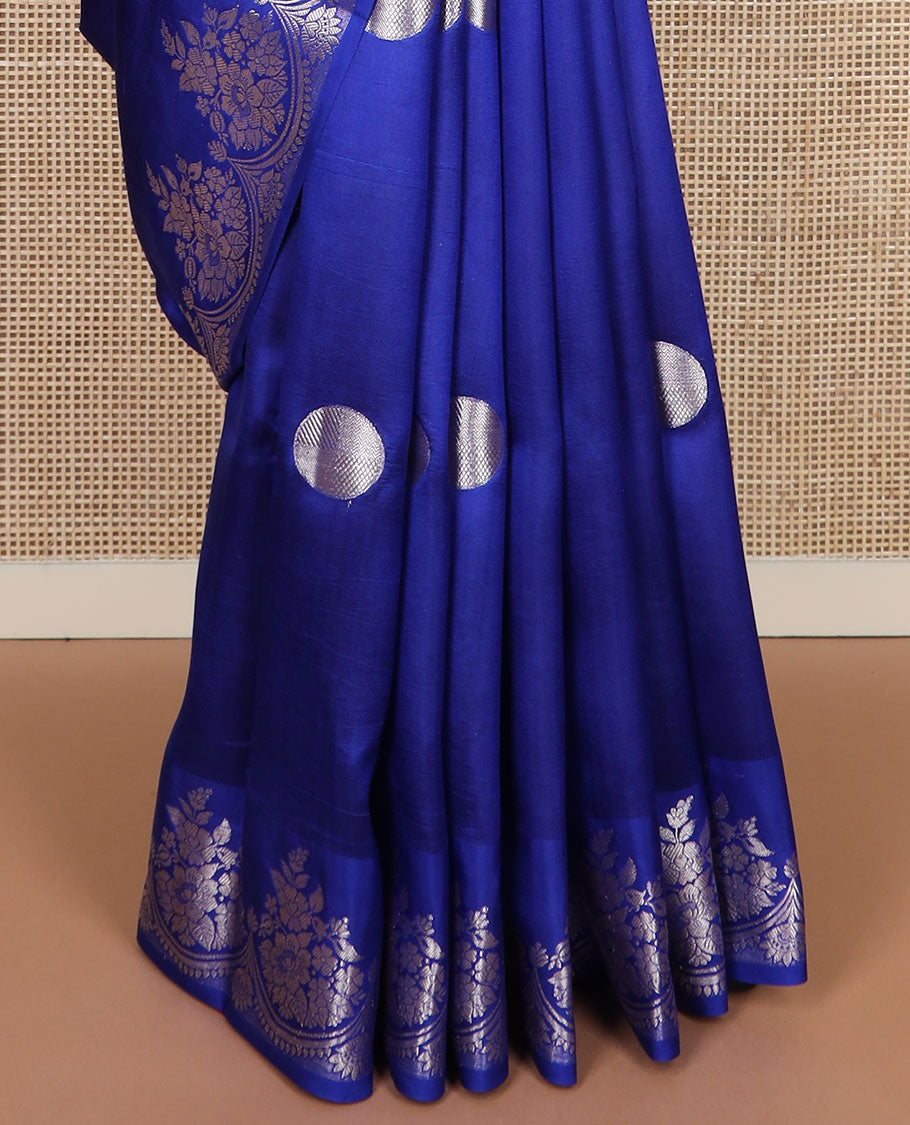 Blue polka dots zari buttas raw mango silk saree, floral zari design scallop border & grand pallu steeped with floral designs