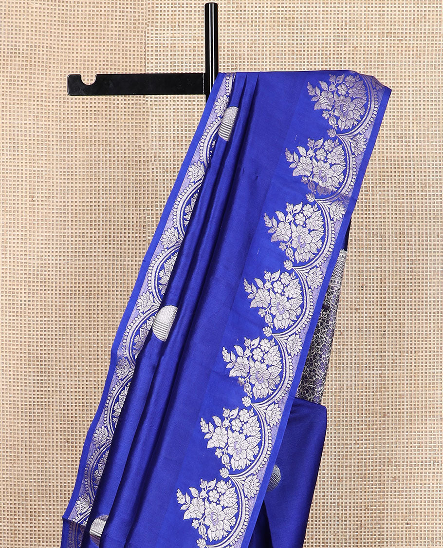 Blue polka dots zari buttas raw mango silk saree, floral zari design scallop border & grand pallu steeped with floral designs