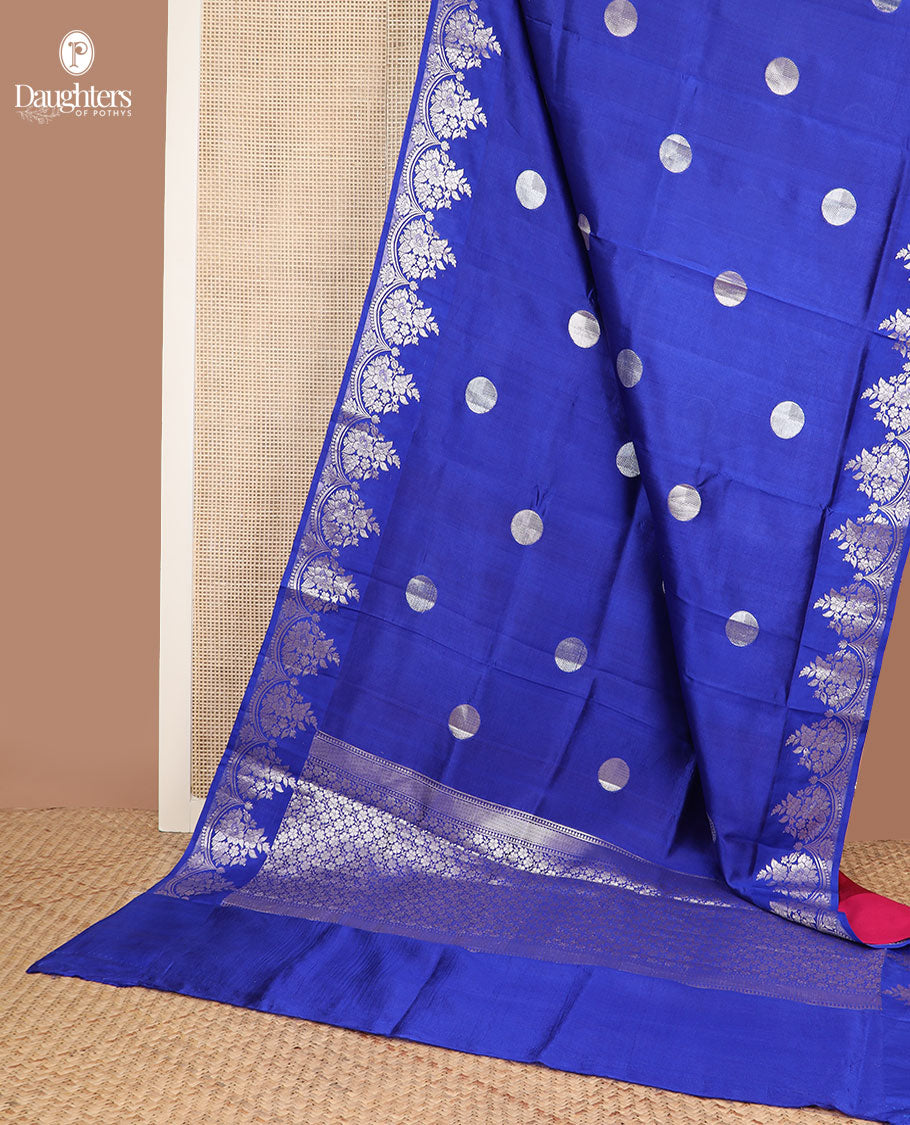 Blue polka dots zari buttas raw mango silk saree, floral zari design scallop border & grand pallu steeped with floral designs