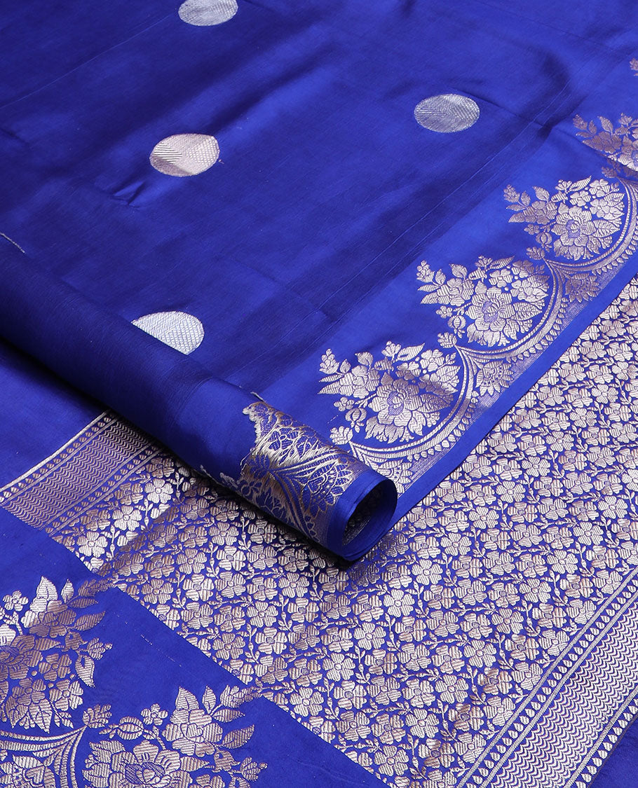 Blue polka dots zari buttas raw mango silk saree, floral zari design scallop border & grand pallu steeped with floral designs