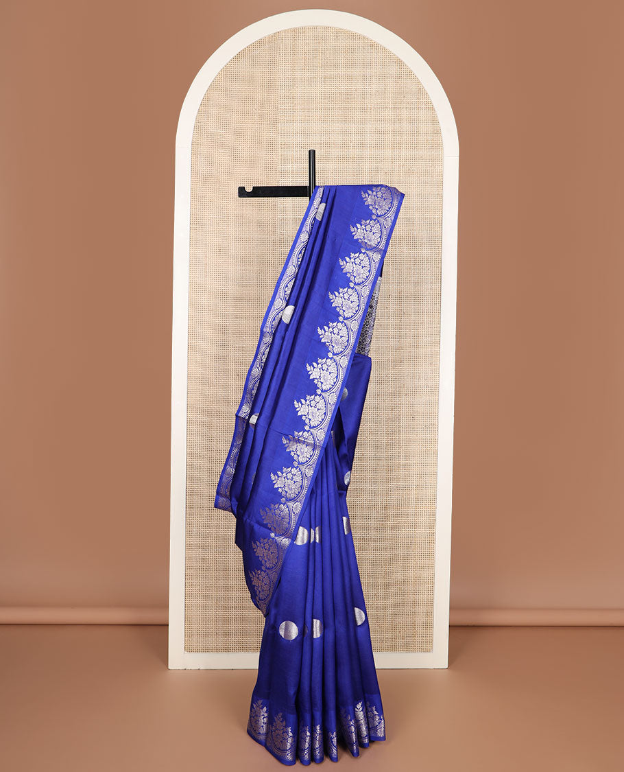Blue polka dots zari buttas raw mango silk saree, floral zari design scallop border & grand pallu steeped with floral designs