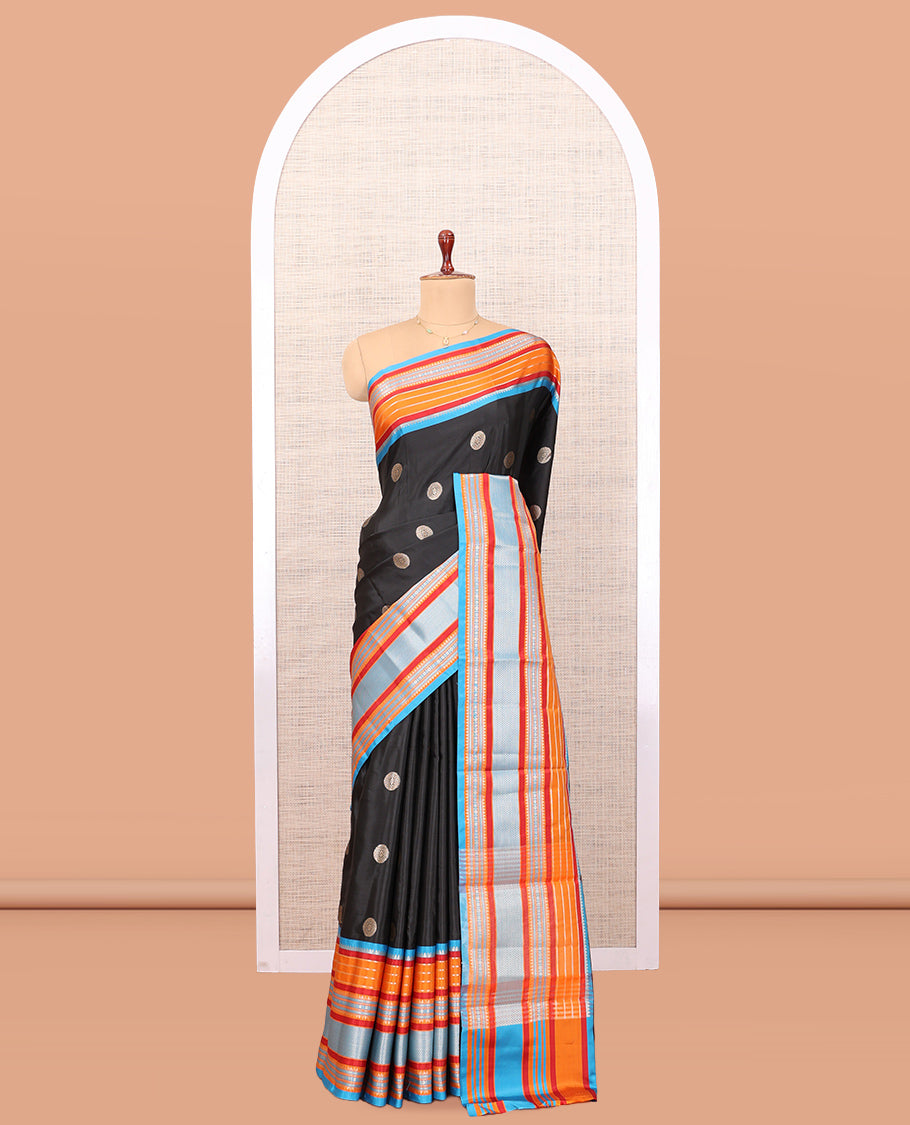 Black Chakram Buttas Semi-Soft Silk Saree