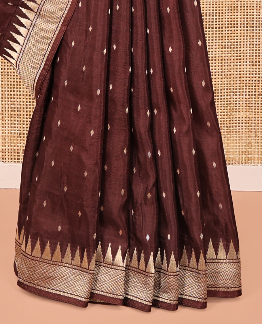 Coffee Brown HO-Silk Saree, Spotlighted with Diamond Buttas All Over Its Body, Highlighted by Temple Border, Complemented by Pallu Depicting Floral and Crane Motifs, Paired with a Matching Blouse