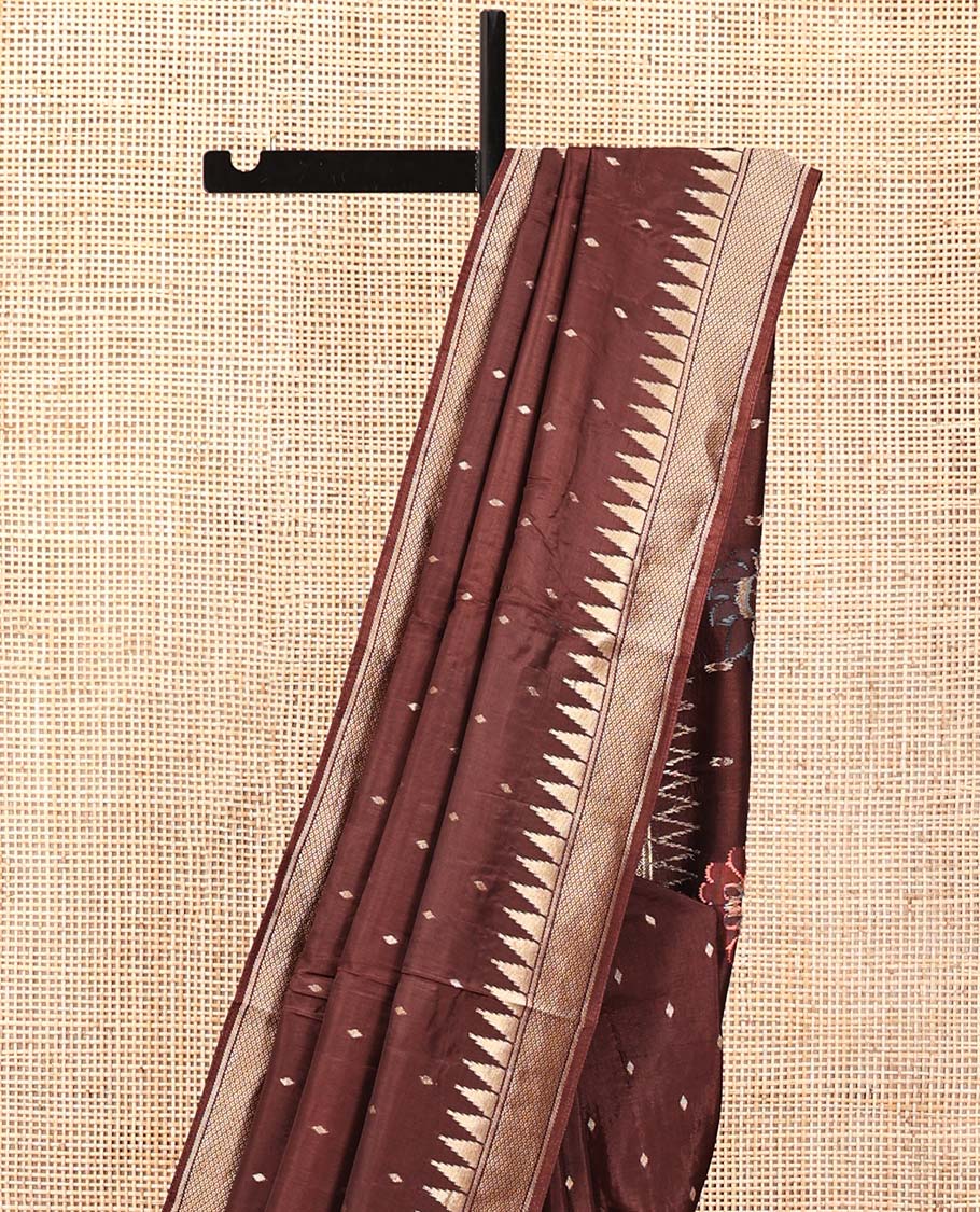 Coffee Brown HO-Silk Saree, Spotlighted with Diamond Buttas All Over Its Body, Highlighted by Temple Border, Complemented by Pallu Depicting Floral and Crane Motifs, Paired with a Matching Blouse