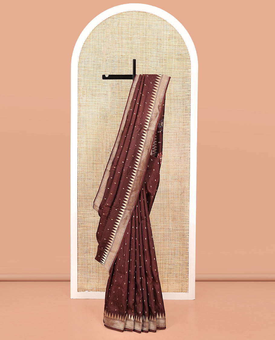 Coffee Brown HO-Silk Saree, Spotlighted with Diamond Buttas All Over Its Body, Highlighted by Temple Border, Complemented by Pallu Depicting Floral and Crane Motifs, Paired with a Matching Blouse