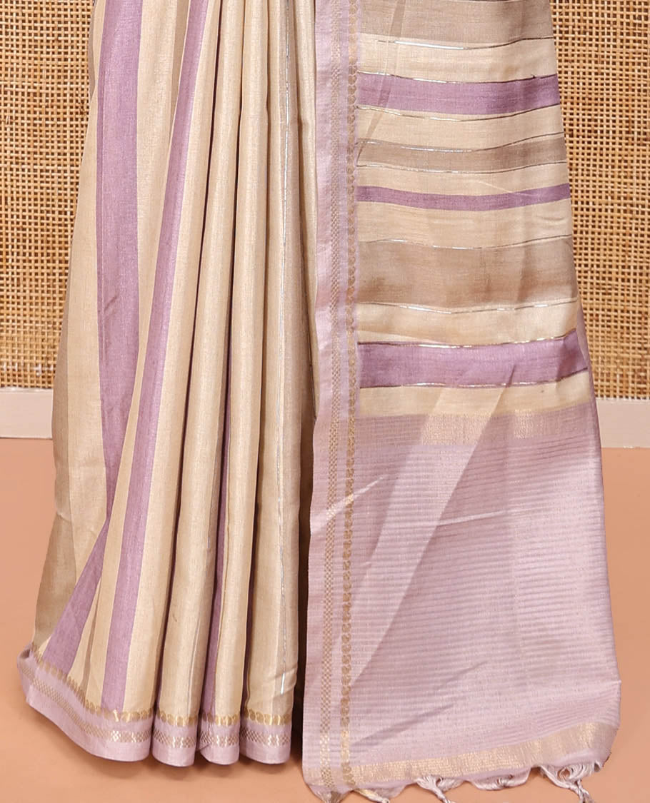 Chikku-Lavender Fancy Tussar Silk With Stripes, Zari Border, Pallu, and Blouse