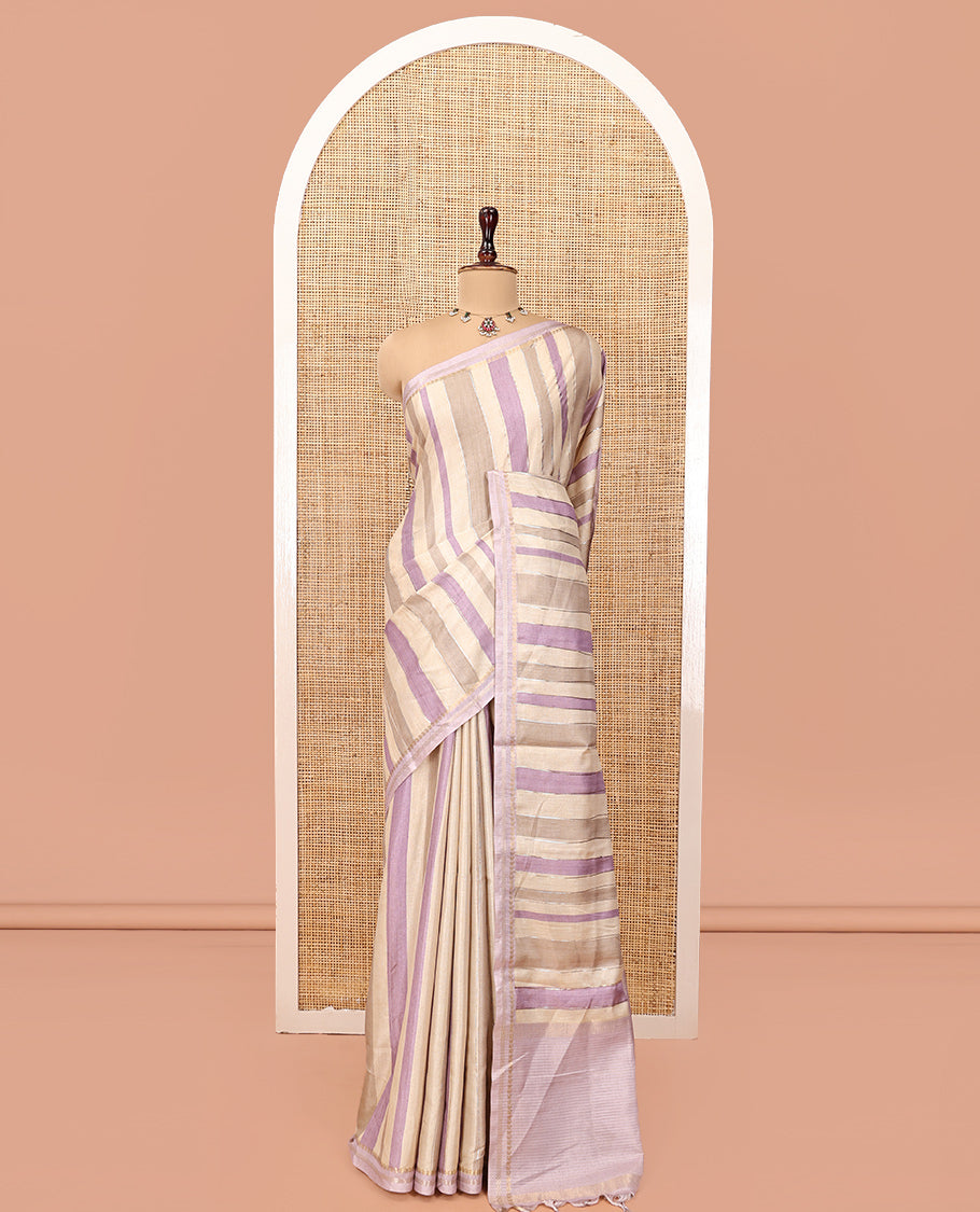 Chikku-Lavender Fancy Tussar Silk With Stripes, Zari Border, Pallu, and Blouse