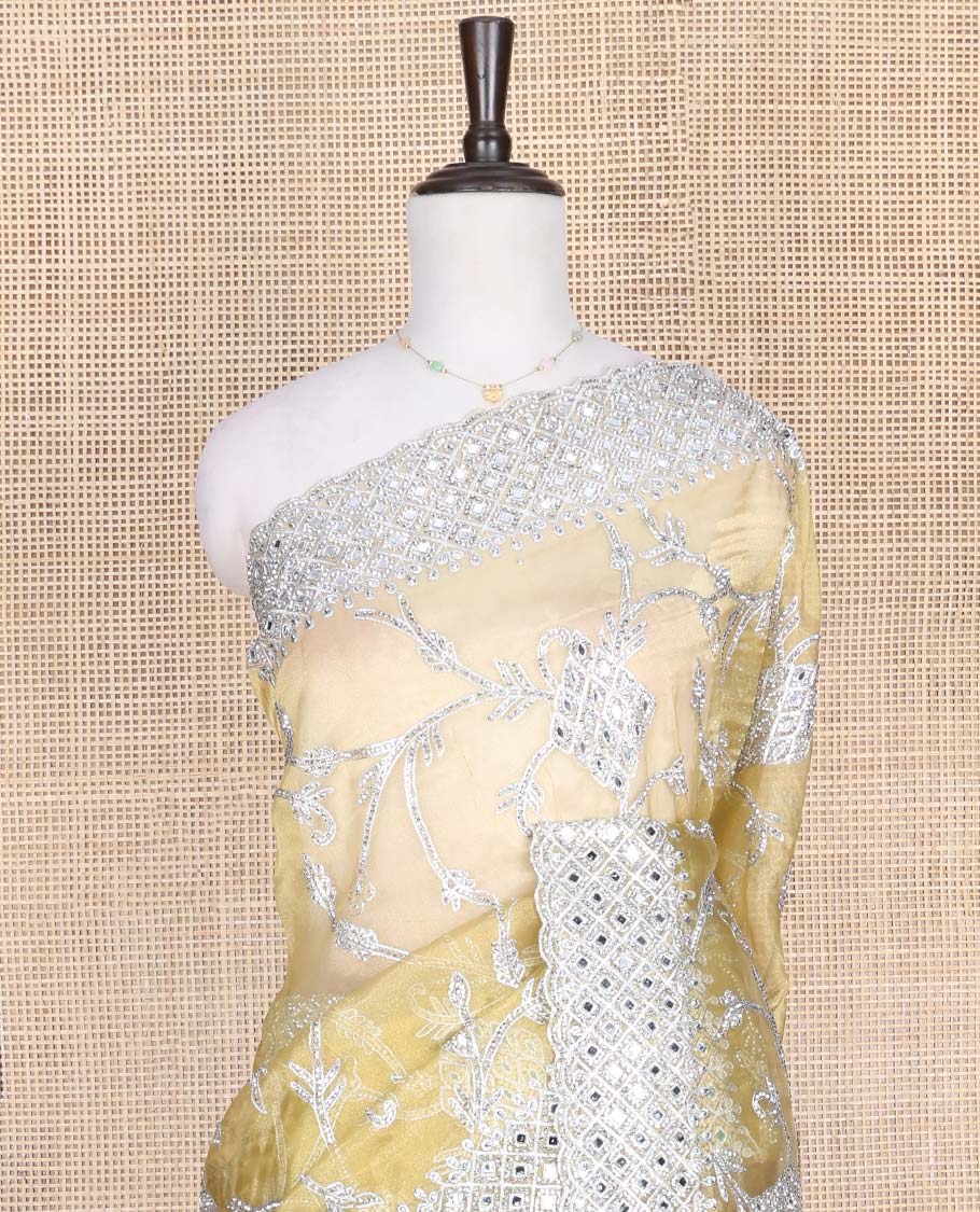 Pale Yellow Designer Saree, Richly Detailed with Floral-Jaal Style Mixed Embroidery on Its Body, Highlighted by Jaal-Patterned Scallop Embroidered Border, Self-Design Pallu, and Paired with a Heavy Embroidered Matching Blouse