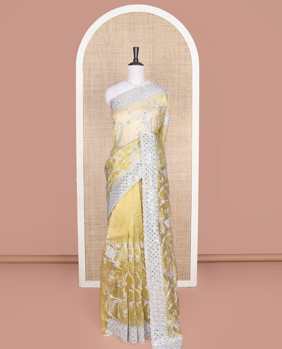 Pale Yellow Designer Saree, Richly Detailed with Floral-Jaal Style Mixed Embroidery on Its Body, Highlighted by Jaal-Patterned Scallop Embroidered Border, Self-Design Pallu, and Paired with a Heavy Embroidered Matching Blouse