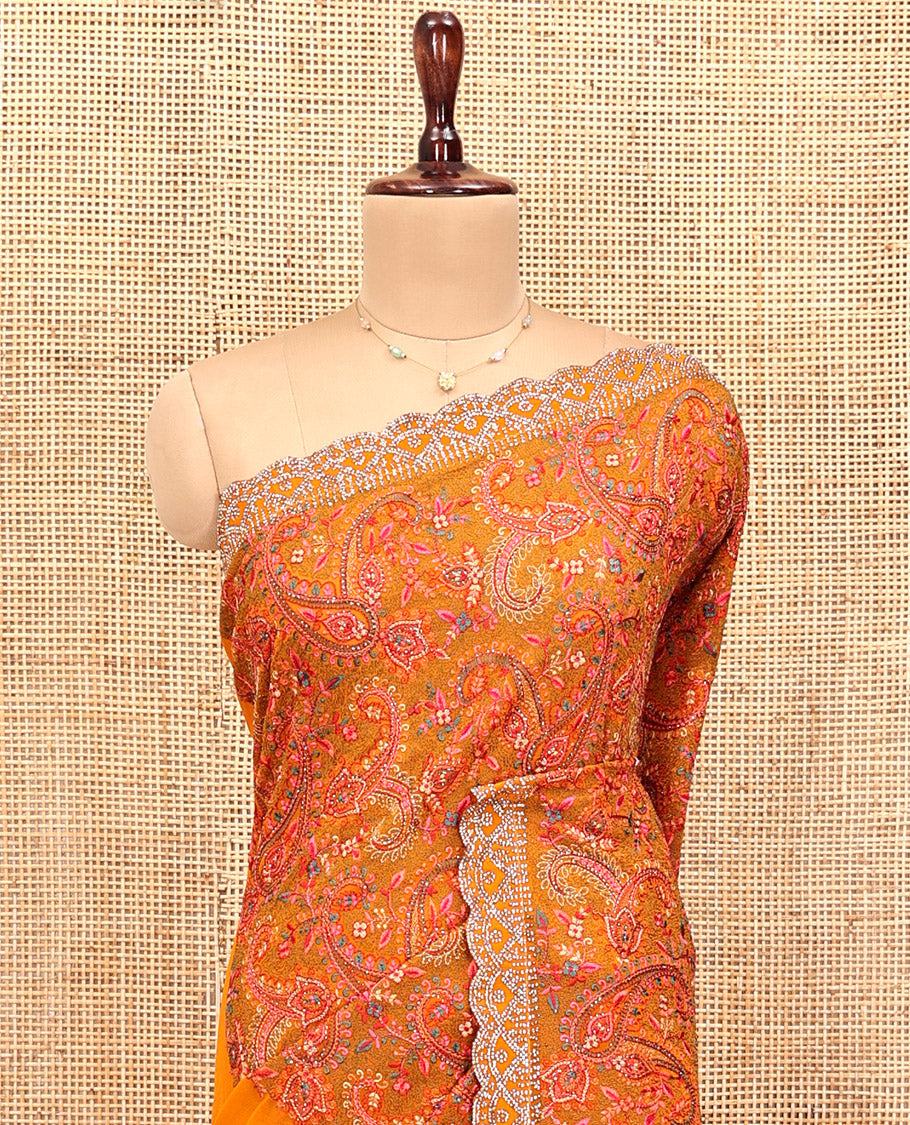 Orange Designer Saree, Richly Detailed with Paisley Mixed Embroidery, a Scallop Stone Work Border, and a Matching Blouse