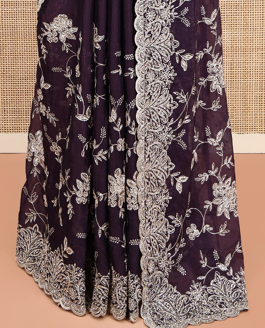 Purple Designer Saree, Finely Crafted with Floral Vine Embroidery, Scallop-Embroidered Border, and Matching Embroidered Blouse