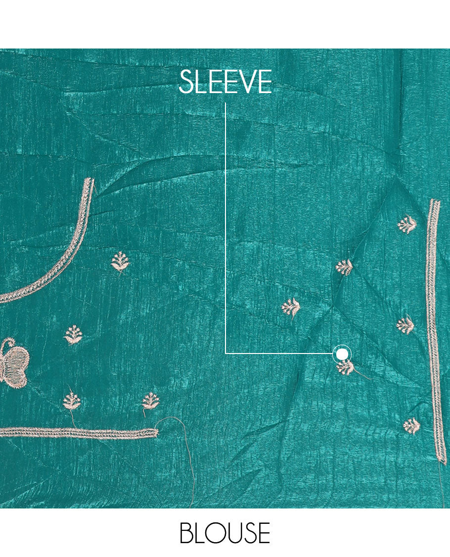 Green diagonal vine stone and thread embroidered designer saree, butterfly scallop embroidered border, and pallu