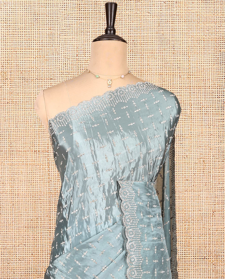 Green Designer Saree, Beautifully Bedecked with Stonework, a Scallop Stonework Border, and a Matching Blouse