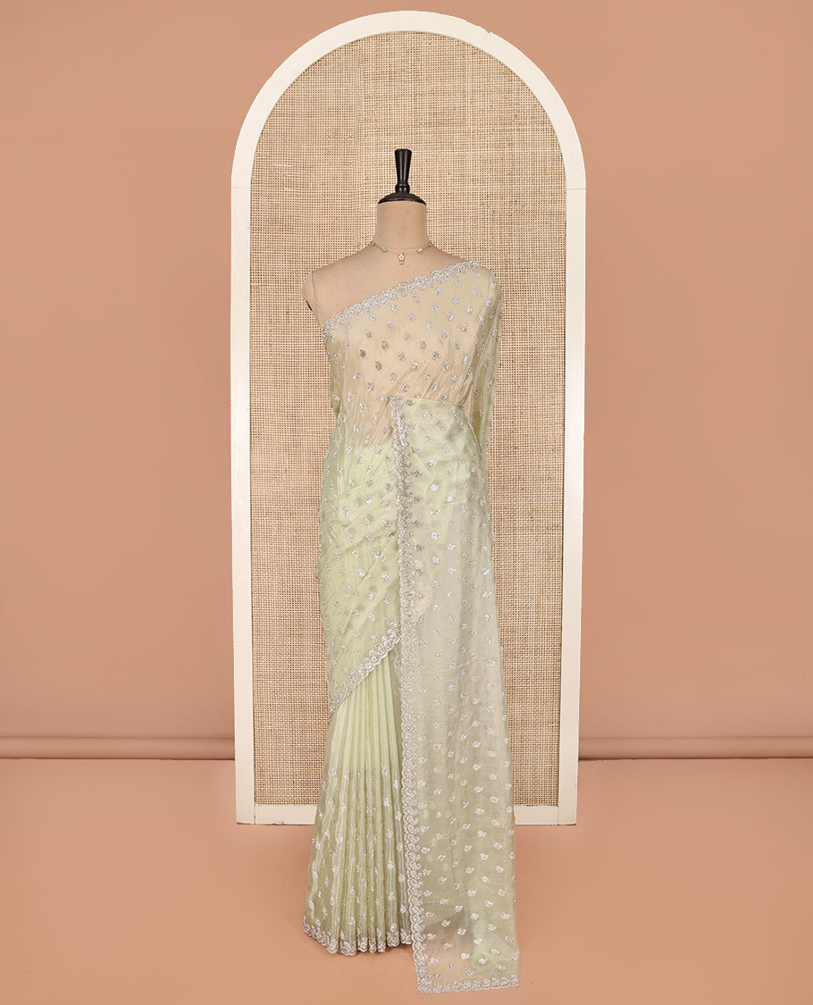 Pale Green Designer Saree, Prettified with Paisley Stone Work, Scallop Stone Work Border, a Self-Pallu, and a Matching Blouse