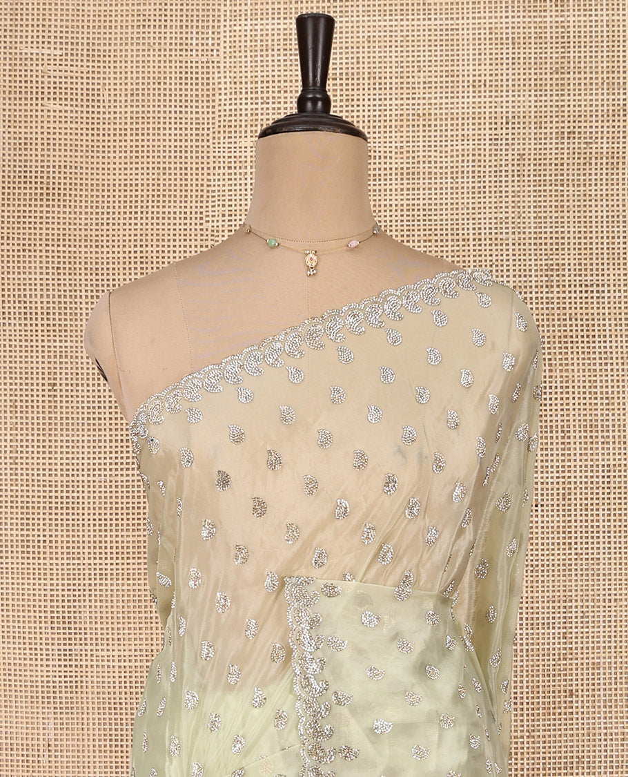 Pale Green Designer Saree, Prettified with Paisley Stone Work, Scallop Stone Work Border, a Self-Pallu, and a Matching Blouse
