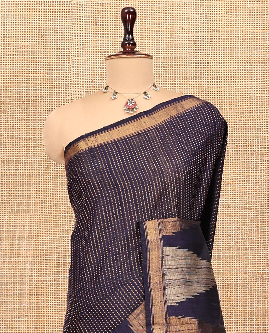 Navy Blue Dupion Silk Saree, Steeped with Dotted Stripes, a Zari Temple Border, Gleaming Striped Pallu, and a Matching Blouse