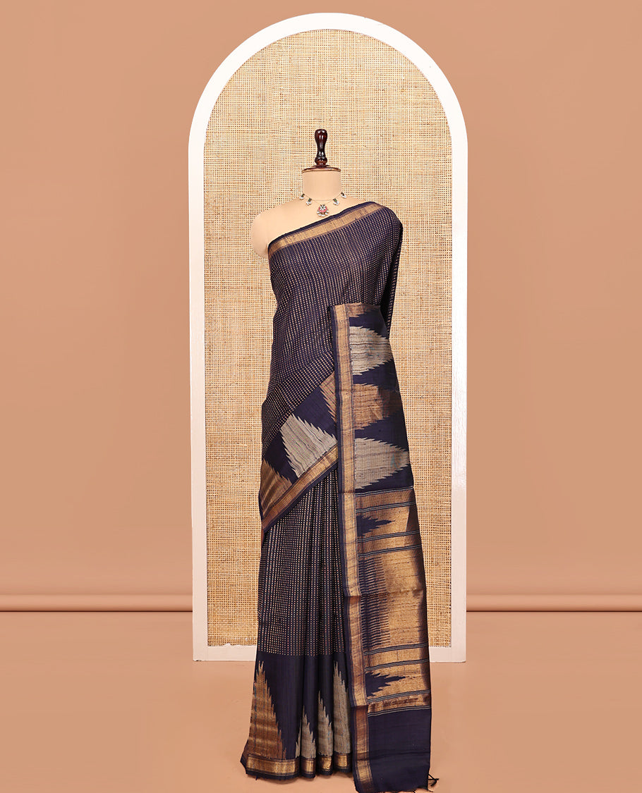Navy Blue Dupion Silk Saree, Steeped with Dotted Stripes, a Zari Temple Border, Gleaming Striped Pallu, and a Matching Blouse