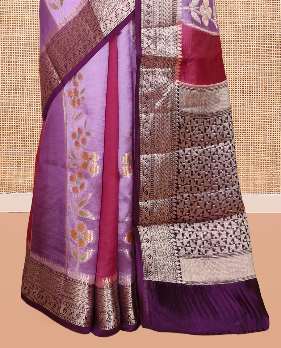 Violet Dupion Silk Saree, Ornamented with Rangkat-Style Floral and Zari Stripes, a Contrast Traditional Zari Border, Geometric Pallu, and a Contrast Blouse
