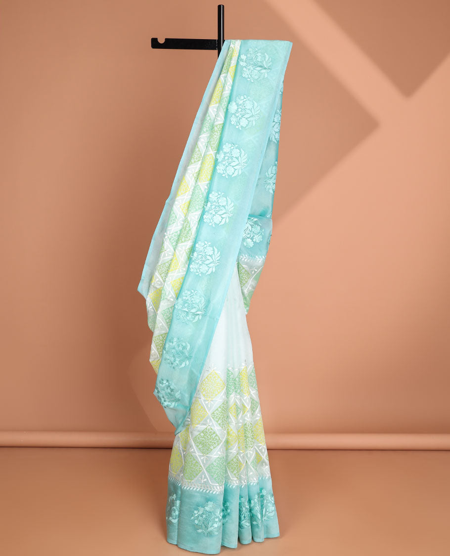 light blue floral thread embroidery dupion saree with contrast floral embroidery border & floral thread embroidery pallu