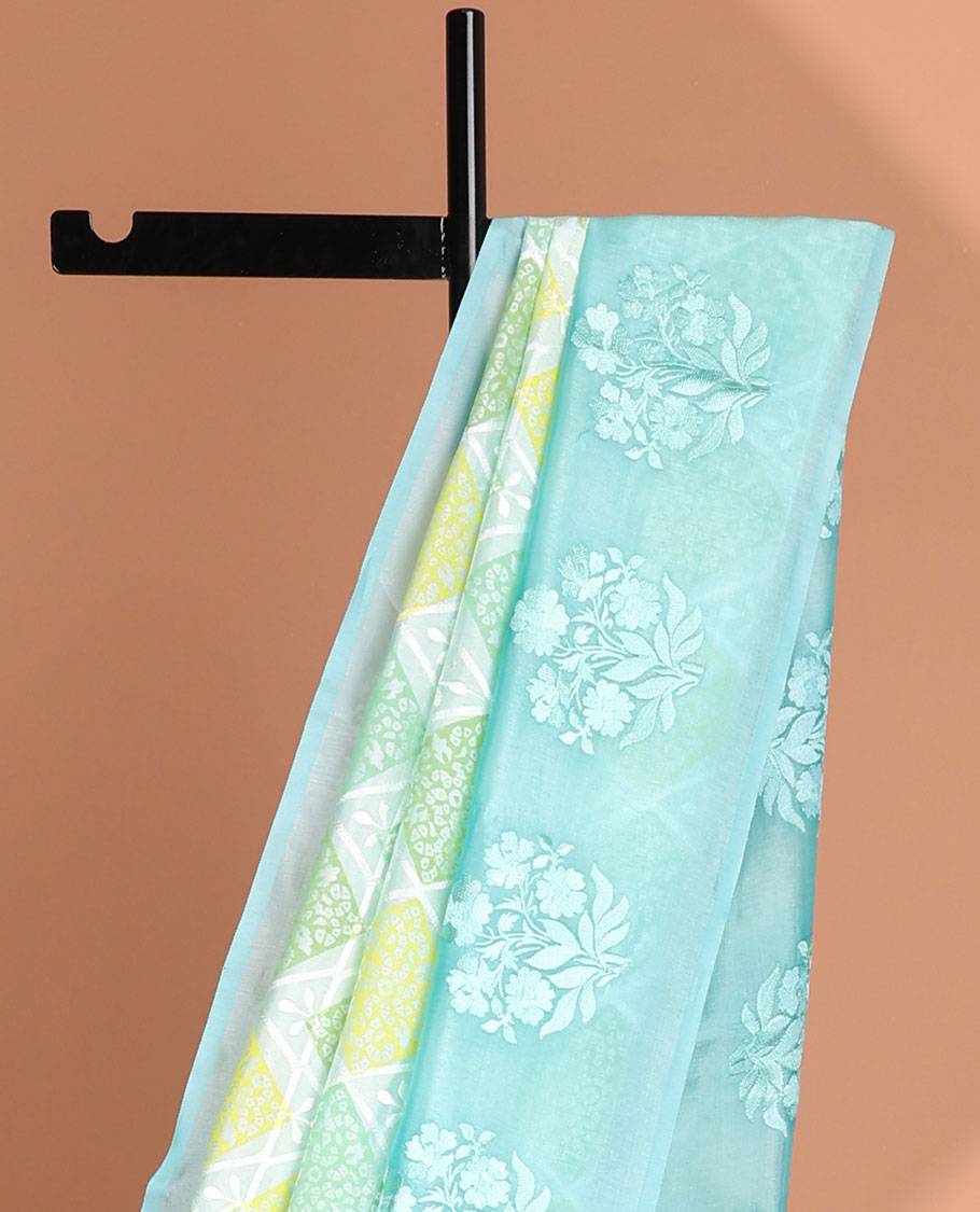 light blue floral thread embroidery dupion saree with contrast floral embroidery border & floral thread embroidery pallu